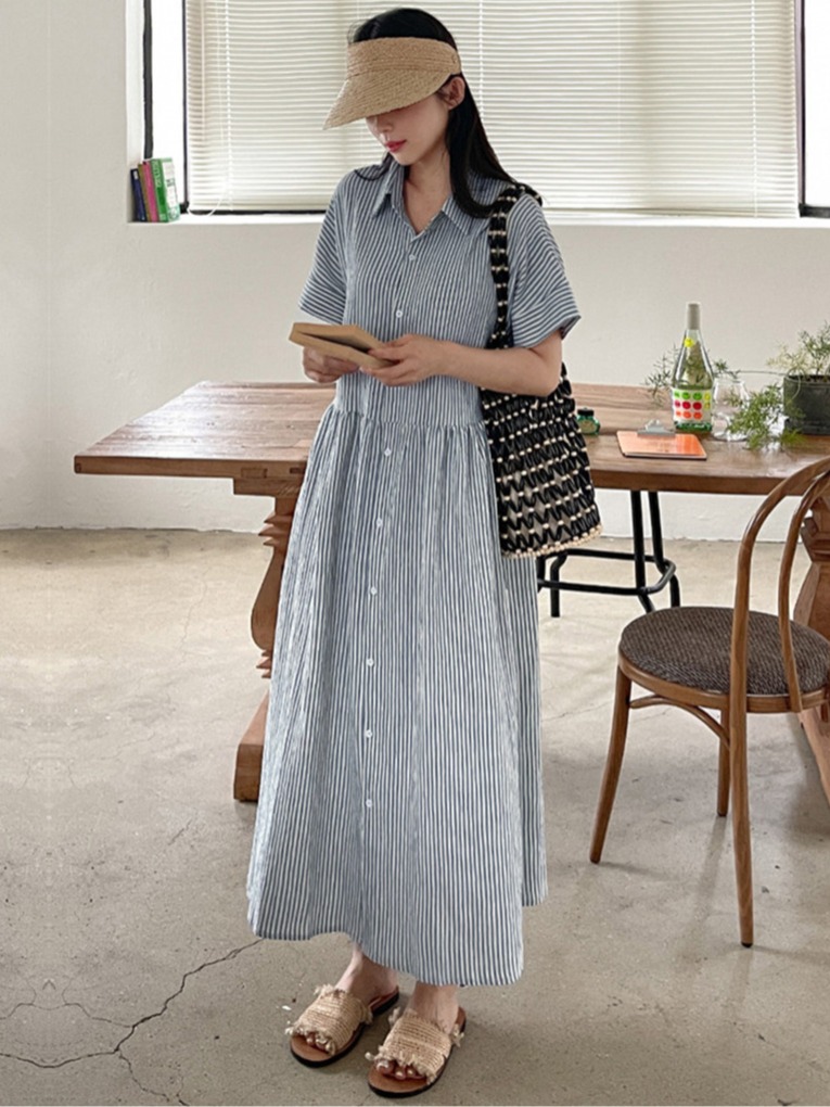 Korean Style A Line Shirt Dress - Vestido Camisa Listrado Estilo Coreano Retrô
