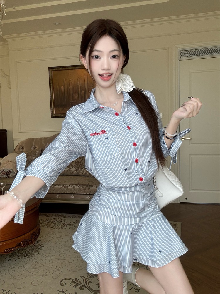 Korean Style A Line Shirt Dress - Vestido Camisa Listrado Casual Estilo Coreano