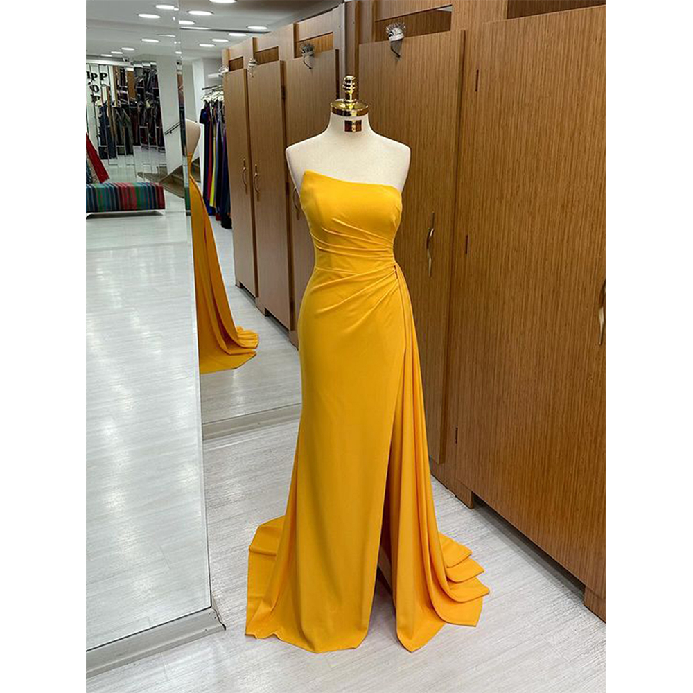 Elegant Satin Evening Gown Split - Vestidos de Baile Sem Alças MVOZEIN