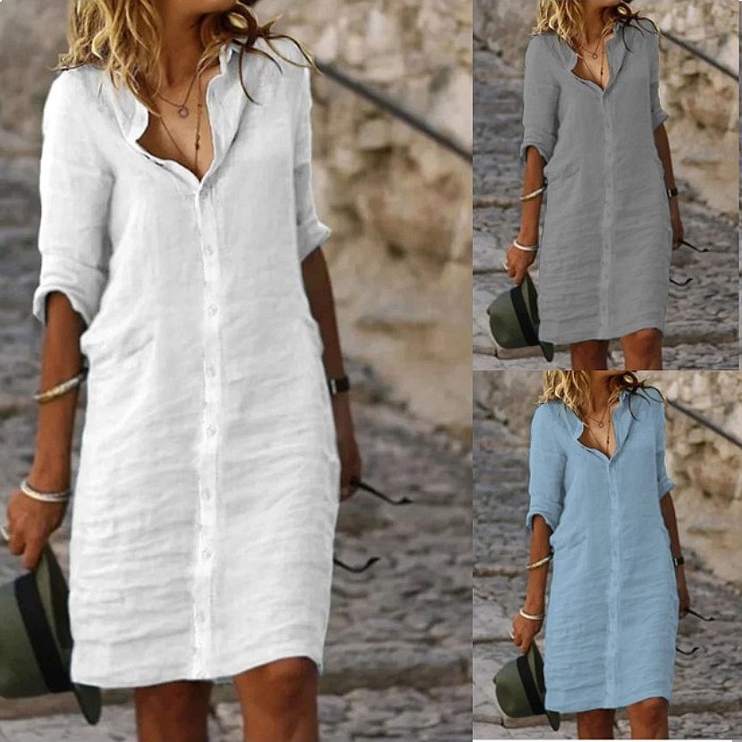 Casual Loose Linen Shirt Dress - Vestido Camisa Midi Solto com Botões,