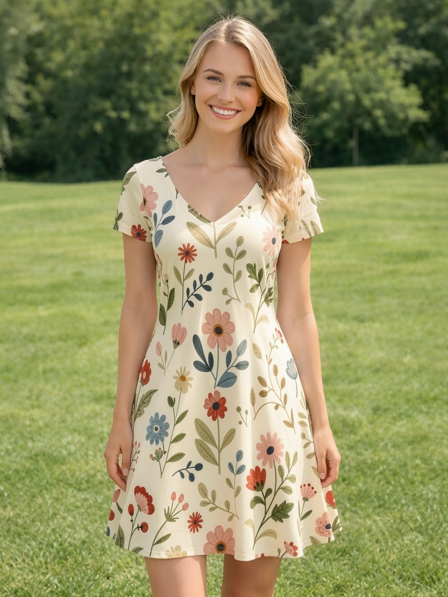 French Vintage Floral Midi Dress - Vestido Floral Casual de Manga Curta