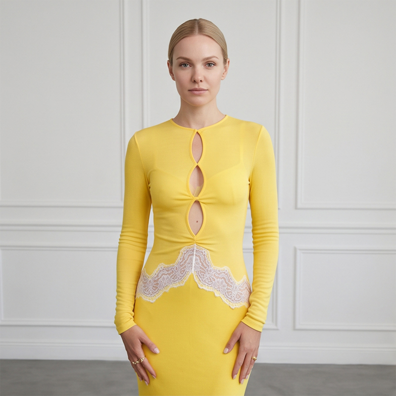 Bodycon Long Sleeve Ribbed Dress - Vestido Maxi Feminino Amarelo com Renda