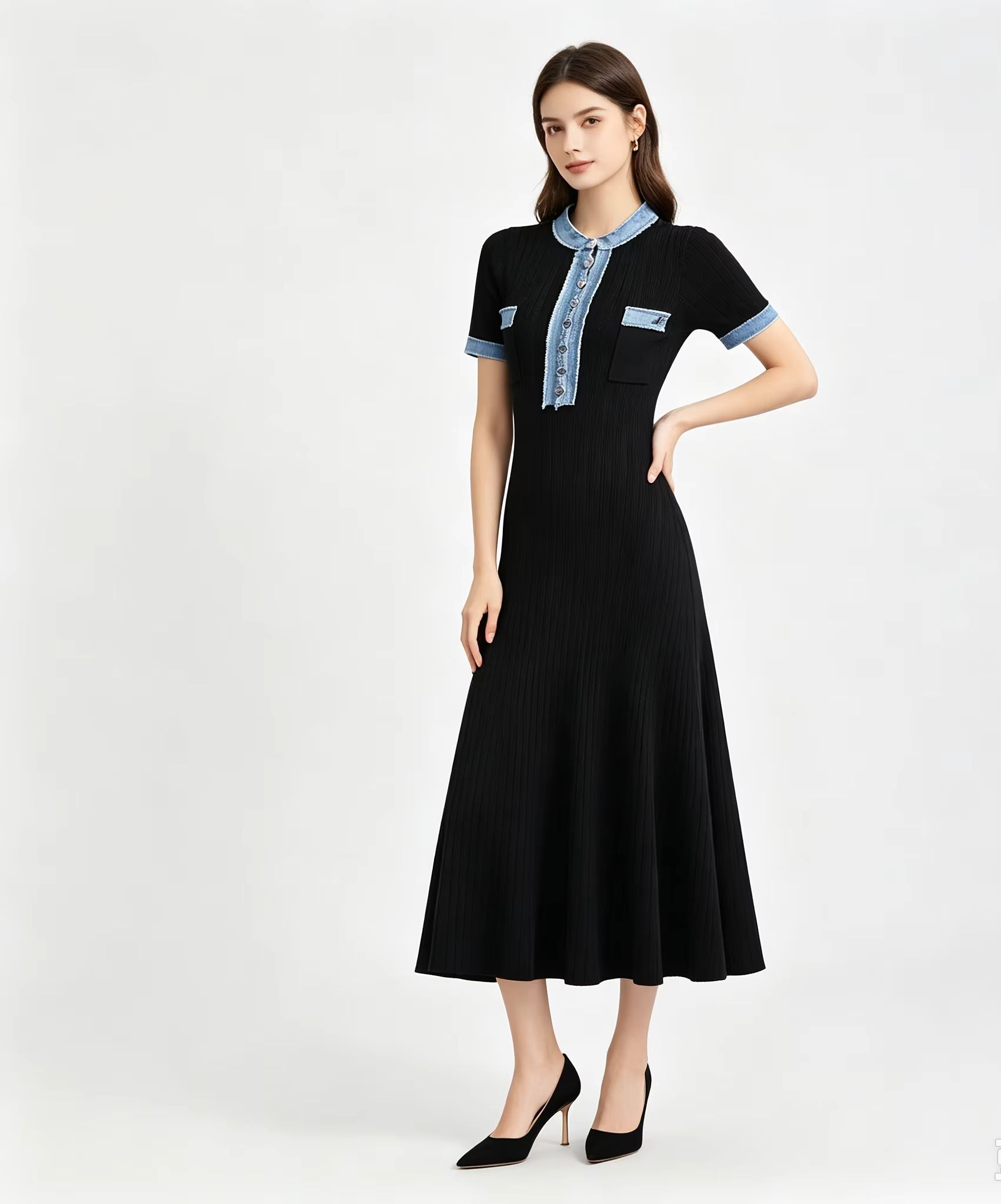 Bodycon Long Sleeve Ribbed Dress - Vestido Midi Feminino Justo ao Corpo,