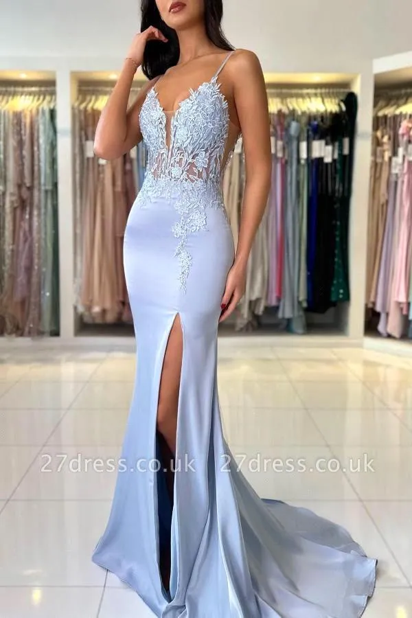 Elegant Satin Evening Gown Split - Vestido de Baile Sereia Azul Claro