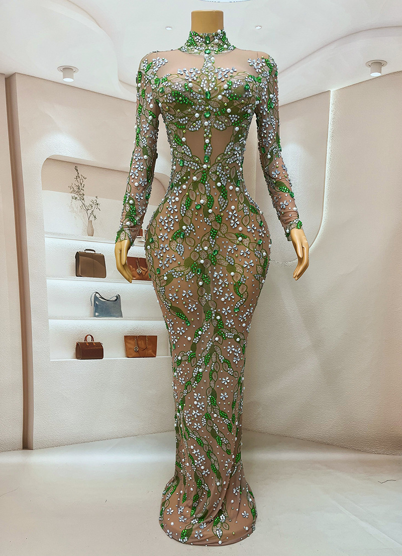 Sparkly Rhinestone Club Party Dress - Vestido dançarino de strass longo e