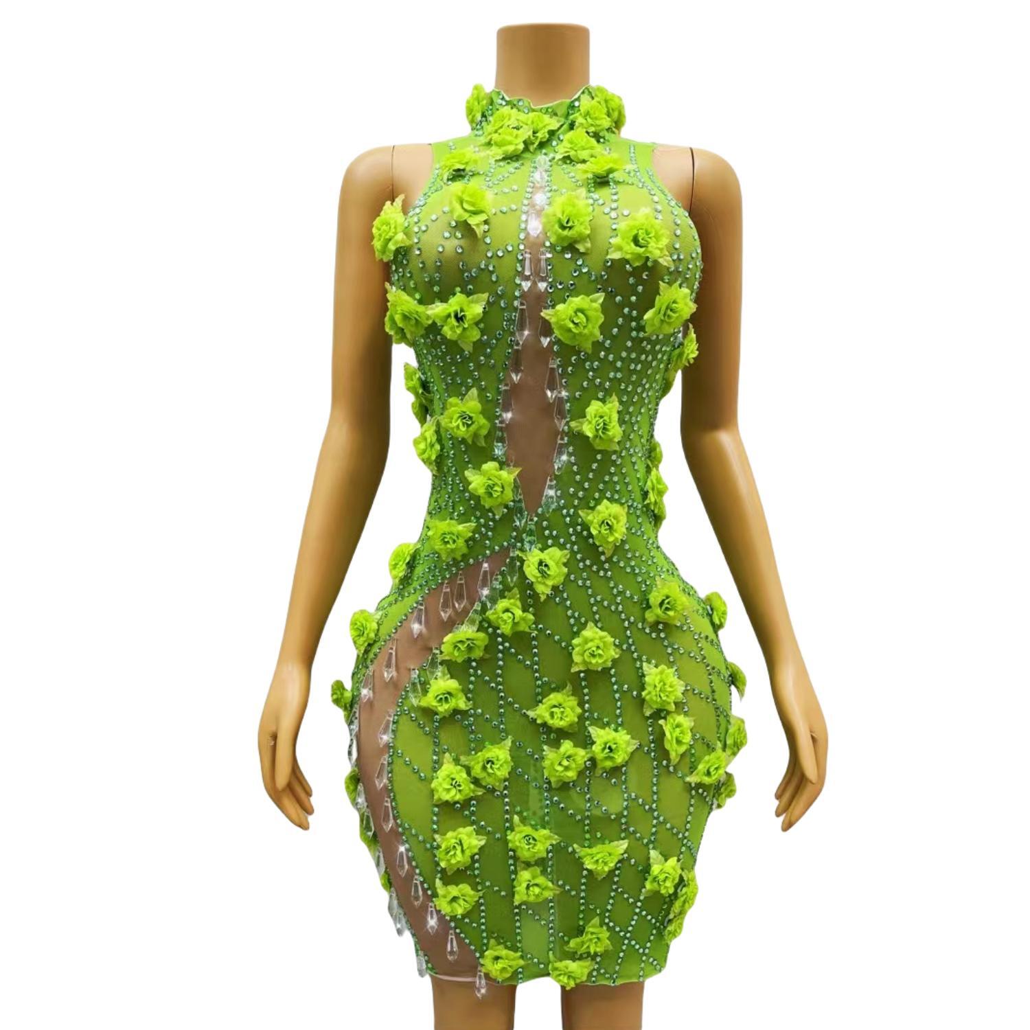 Sparkly Rhinestone Club Party Dress - Chique cristais brilhantes strass verde bodycon