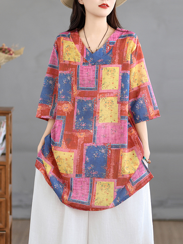 Casual Loose Linen Shirt Dress - Vestido Camisa Artístico de Linho Estampado