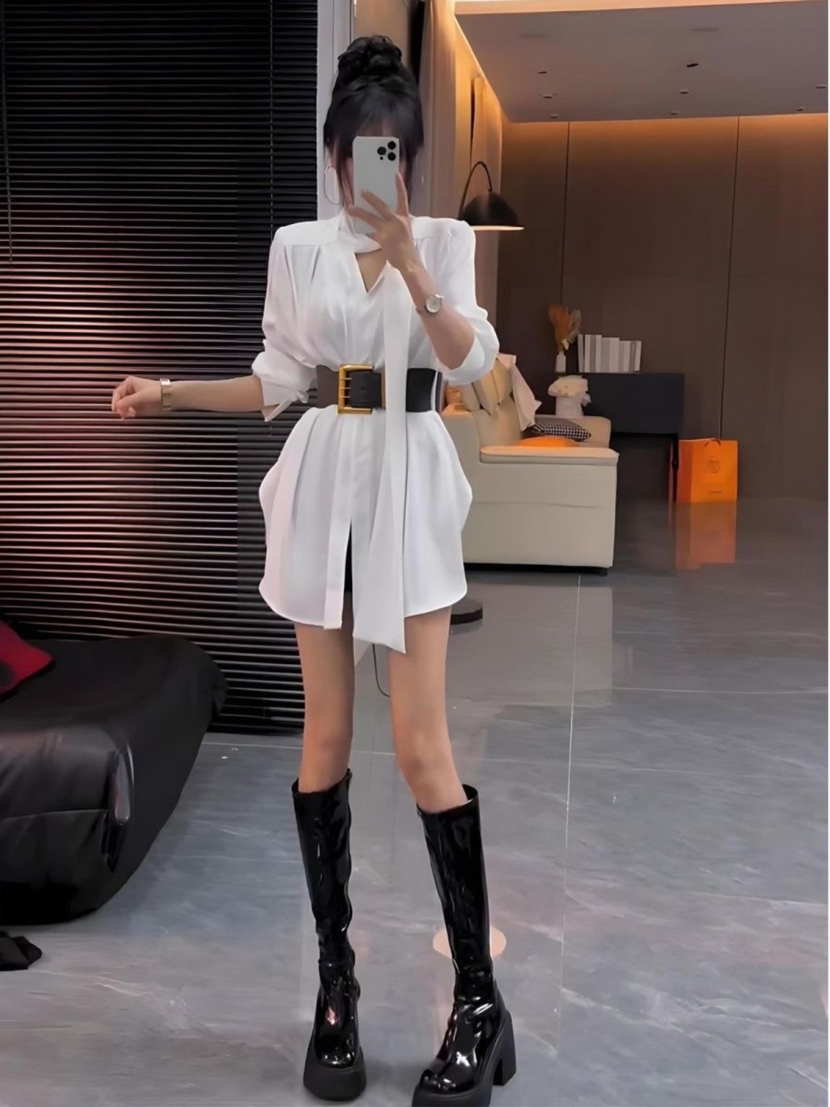 Korean Style A Line Shirt Dress - Vestido Camisa de Seda Branco Feminino
