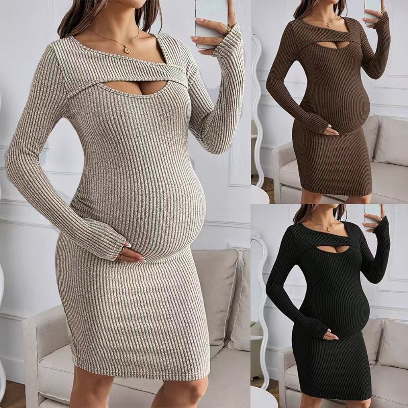 Bodycon Long Sleeve Ribbed Dress - Roupas de Maternidade, Vestido Canelado de