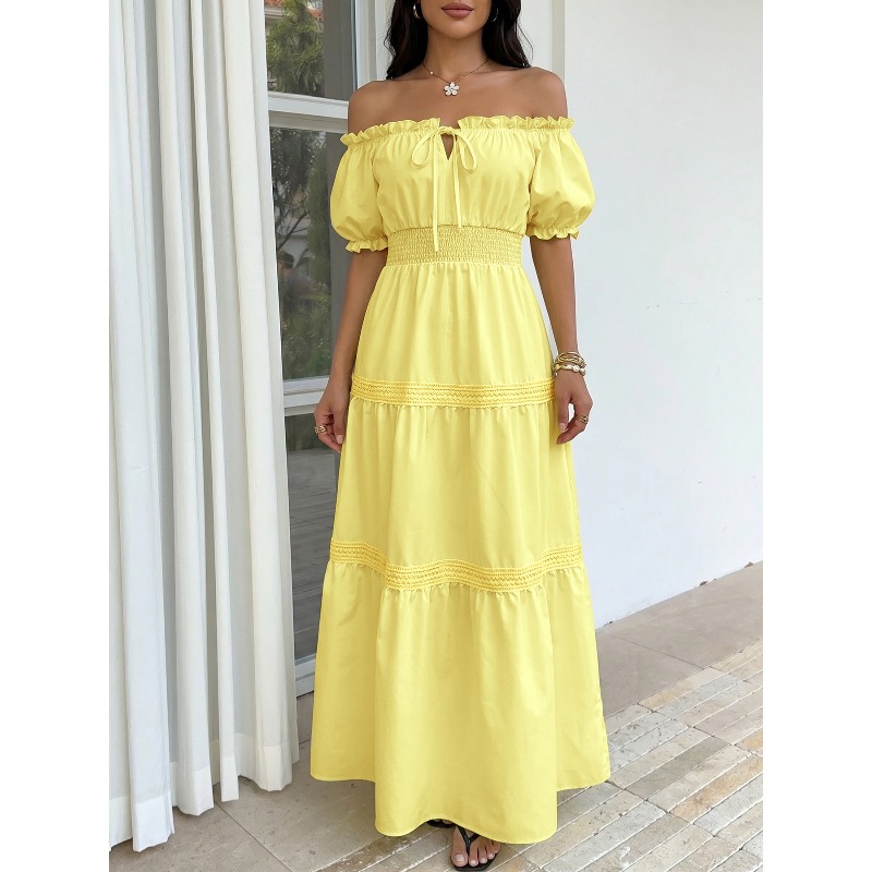 Off Shoulder Puff Sleeve Sundress - Vestido Maxi Amarelo Boêmio de Verão