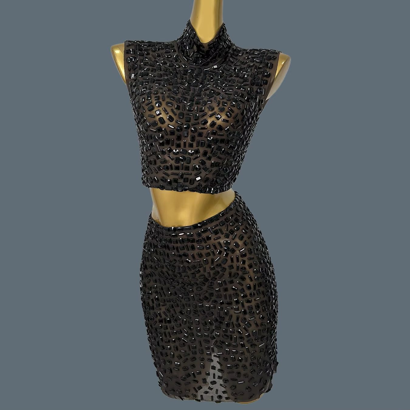 Sparkly Rhinestone Club Party Dress - Verão brilhante preto strass vestido terno