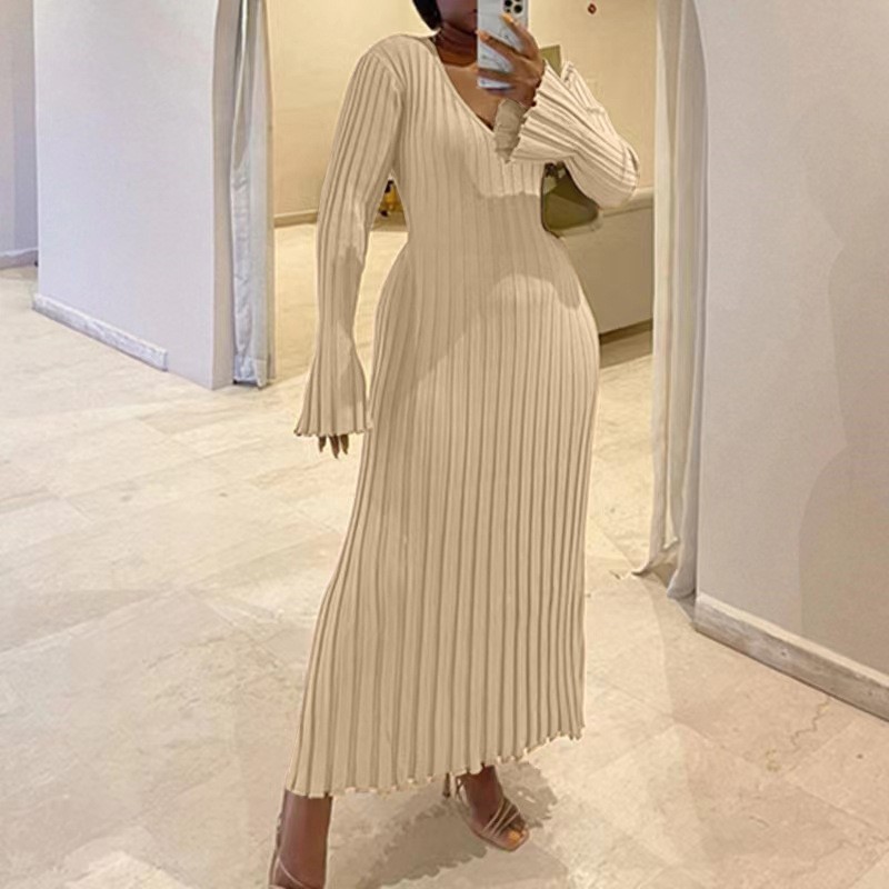 Bodycon Long Sleeve Ribbed Dress - Mulher outono com decote em v