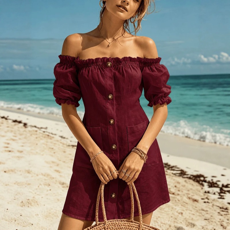 Vestido Mini Feminino Ombro a  - Off Shoulder Puff Sleeve Sundress avaliação e preço