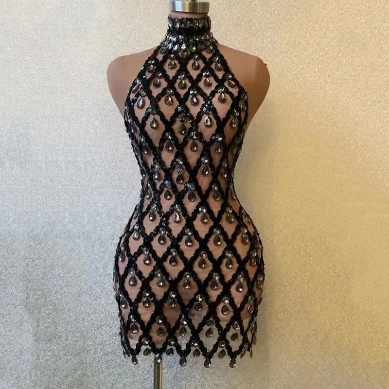 Vestido Mini Halter de Malha c - Sparkly Rhinestone Club Party Dress avaliação e preço