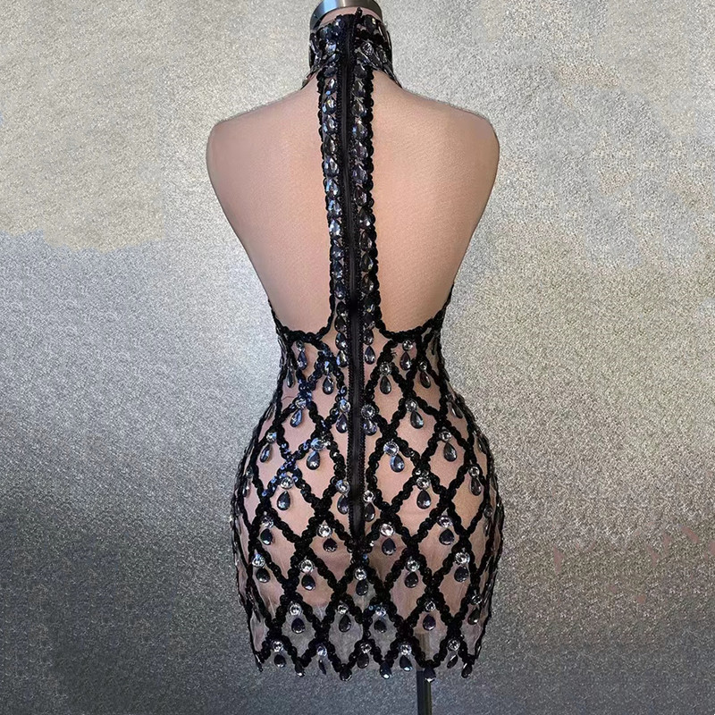 Vestido Mini Halter de Malha c - Sparkly Rhinestone Club Party Dress avaliação e preço