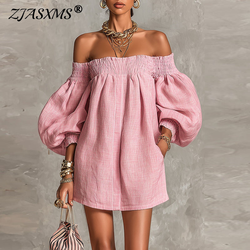 Novo Vestido Mini Feminino de  - Off Shoulder Puff Sleeve Sundress avaliação e preço
