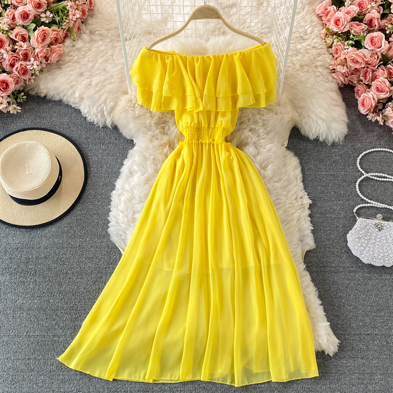 Vestido de praia feminino com  - Off Shoulder Puff Sleeve Sundress avaliação e preço
