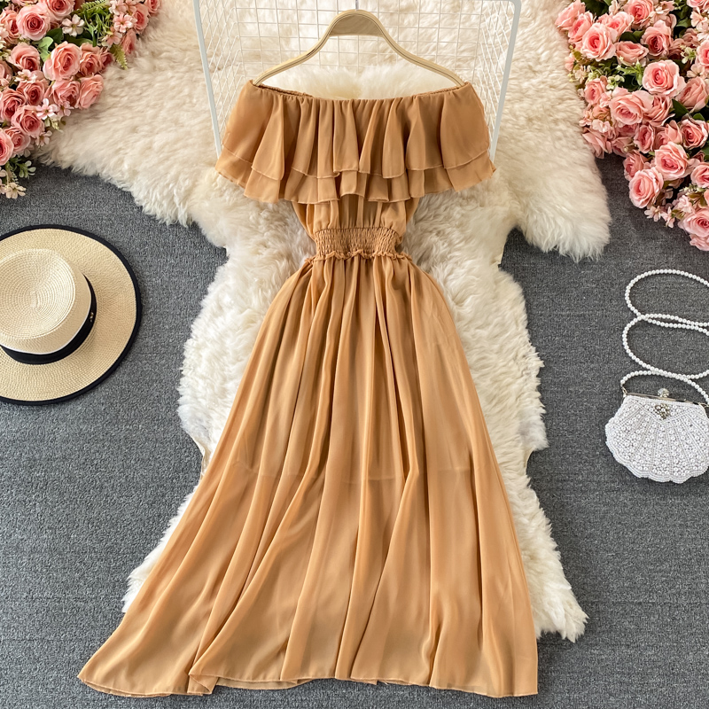 Vestido de praia feminino com  - Off Shoulder Puff Sleeve Sundress avaliação e preço