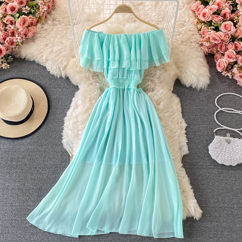 Vestido de praia feminino com  - Off Shoulder Puff Sleeve Sundress avaliação e preço