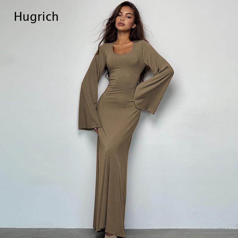 Vestido Maxi Elegante de Malha - Bodycon Long Sleeve Ribbed Dress avaliação e preço