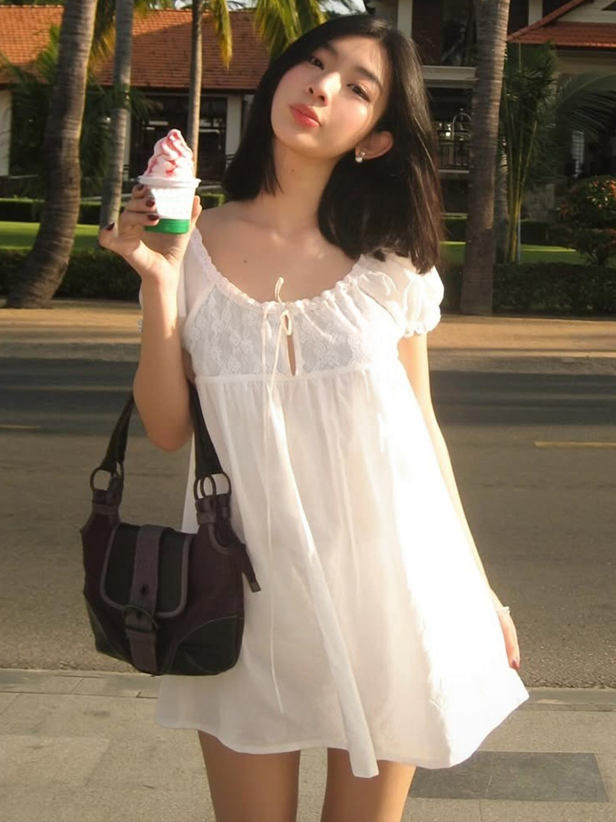 Vestido Mini Branco de Renda c - Off Shoulder Puff Sleeve Sundress avaliação e preço