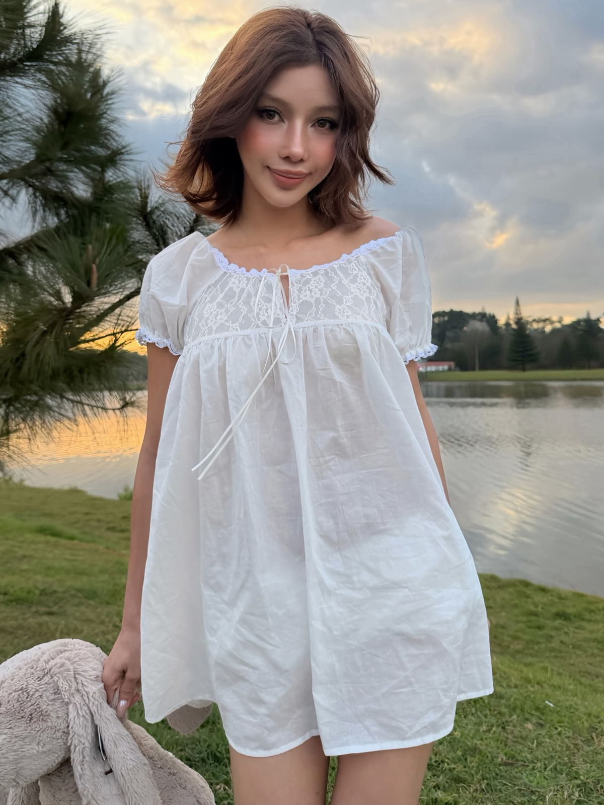 Vestido Mini Branco de Renda c - Off Shoulder Puff Sleeve Sundress avaliação e preço
