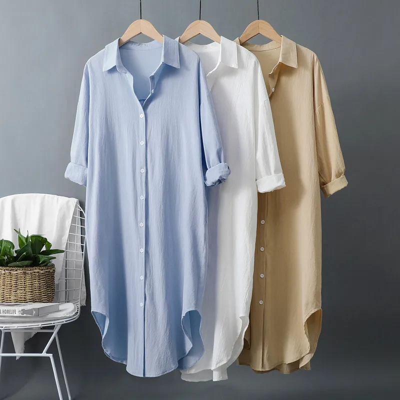 Novos Vestidos Longos de Algod - Casual Loose Linen Shirt Dress avaliação e preço