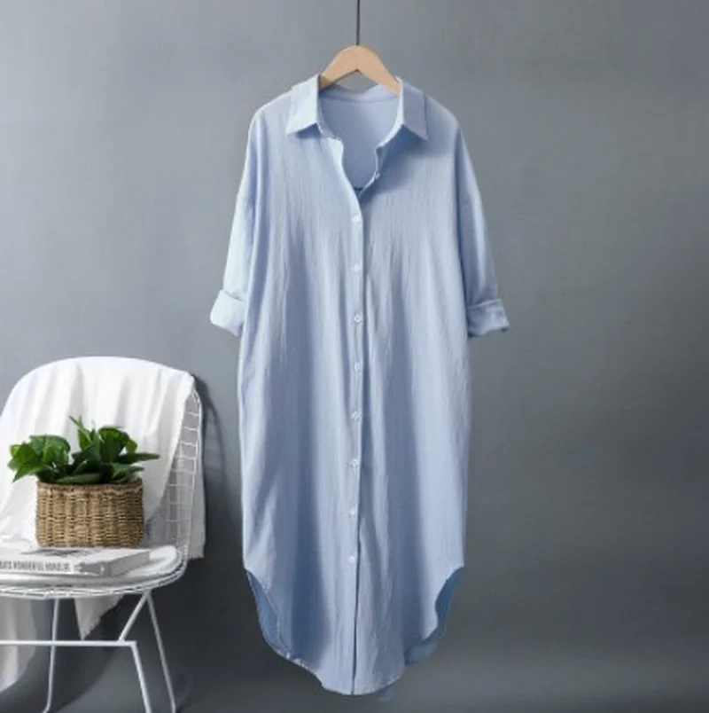 Novos Vestidos Longos de Algod - Casual Loose Linen Shirt Dress avaliação e preço