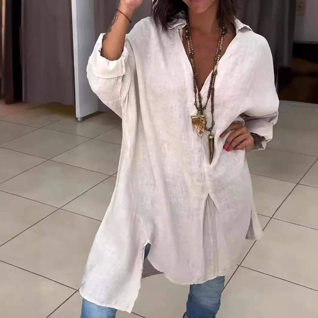 Novo Vestido Casual Feminino d - Casual Loose Linen Shirt Dress avaliação e preço