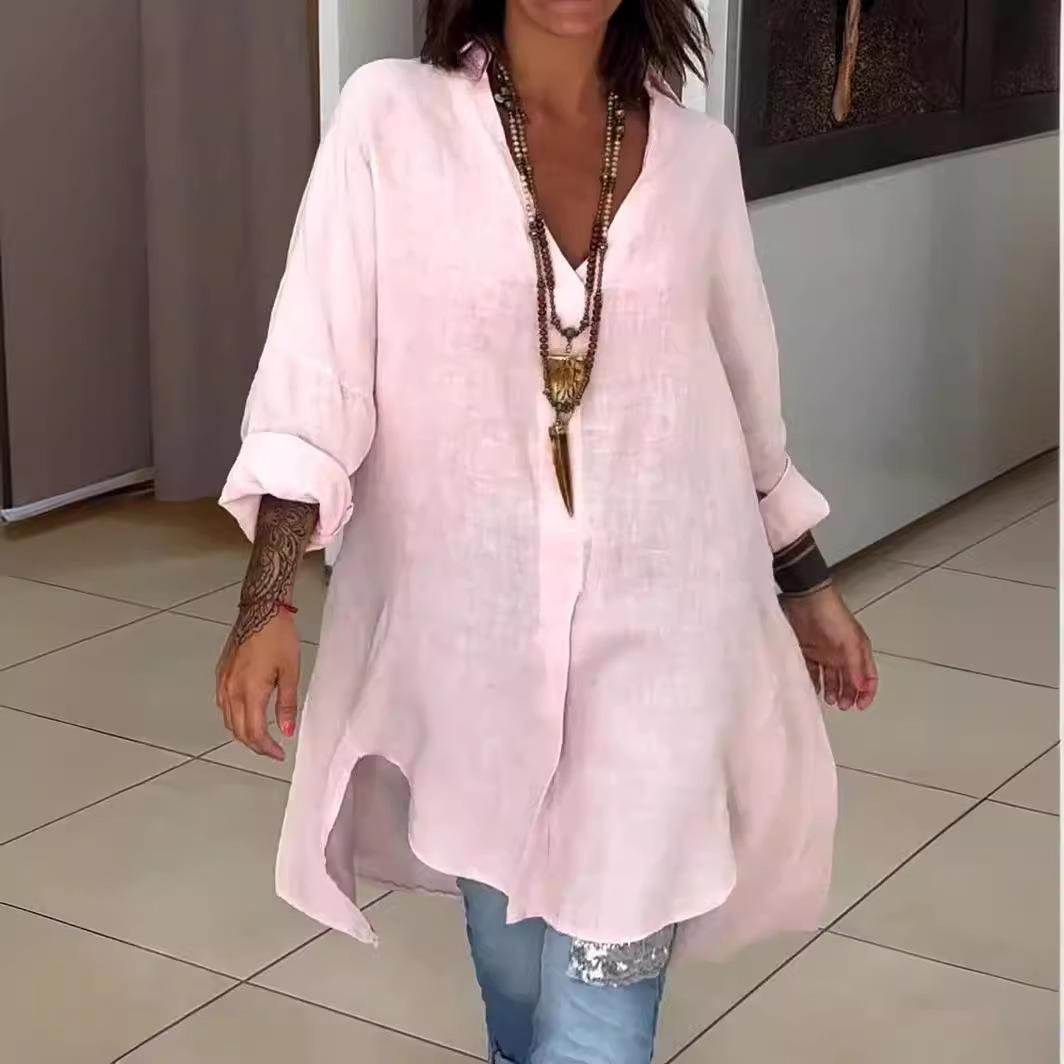 Novo Vestido Casual Feminino d - Casual Loose Linen Shirt Dress avaliação e preço