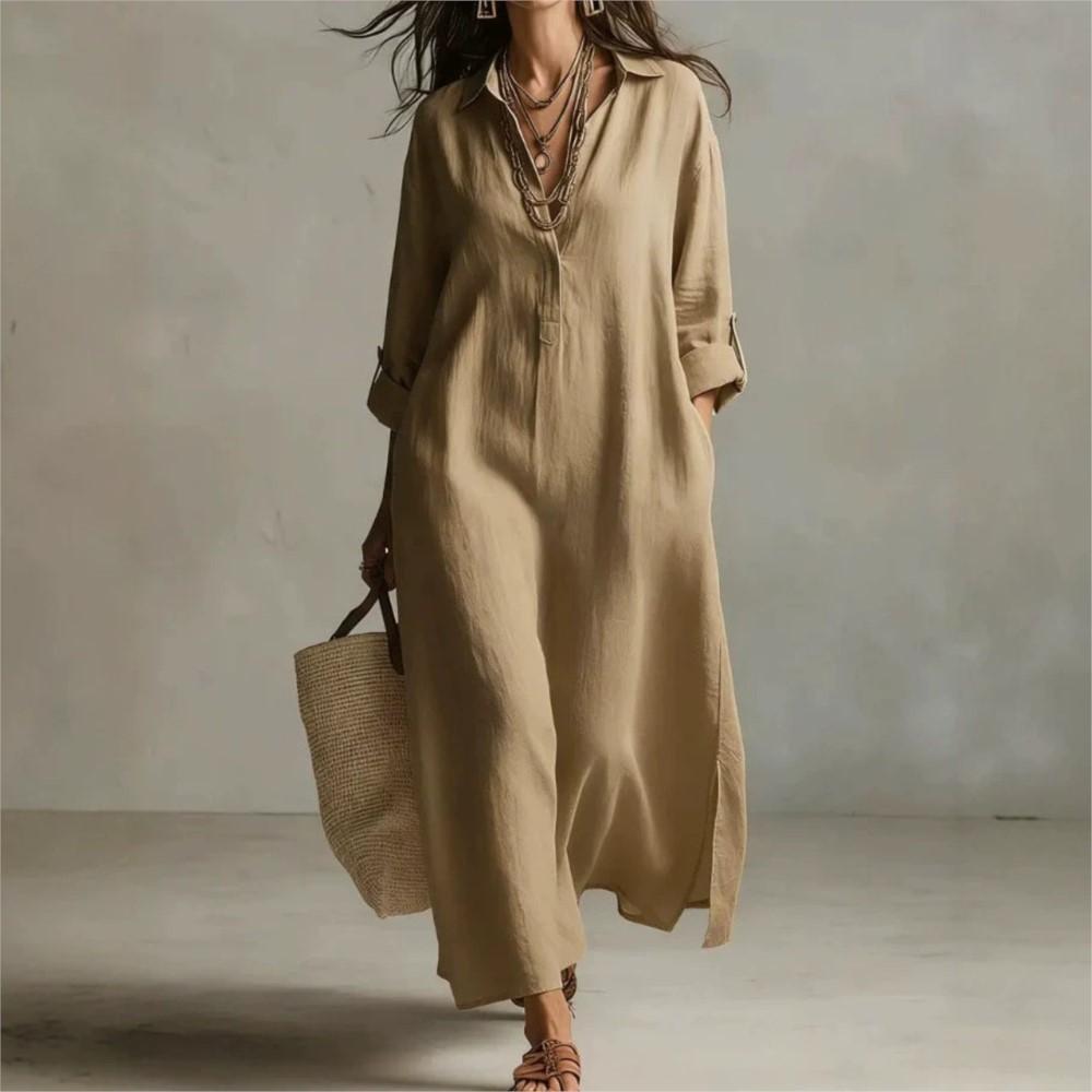 Vestido Camisa Vintage Feminin - Casual Loose Linen Shirt Dress avaliação e preço