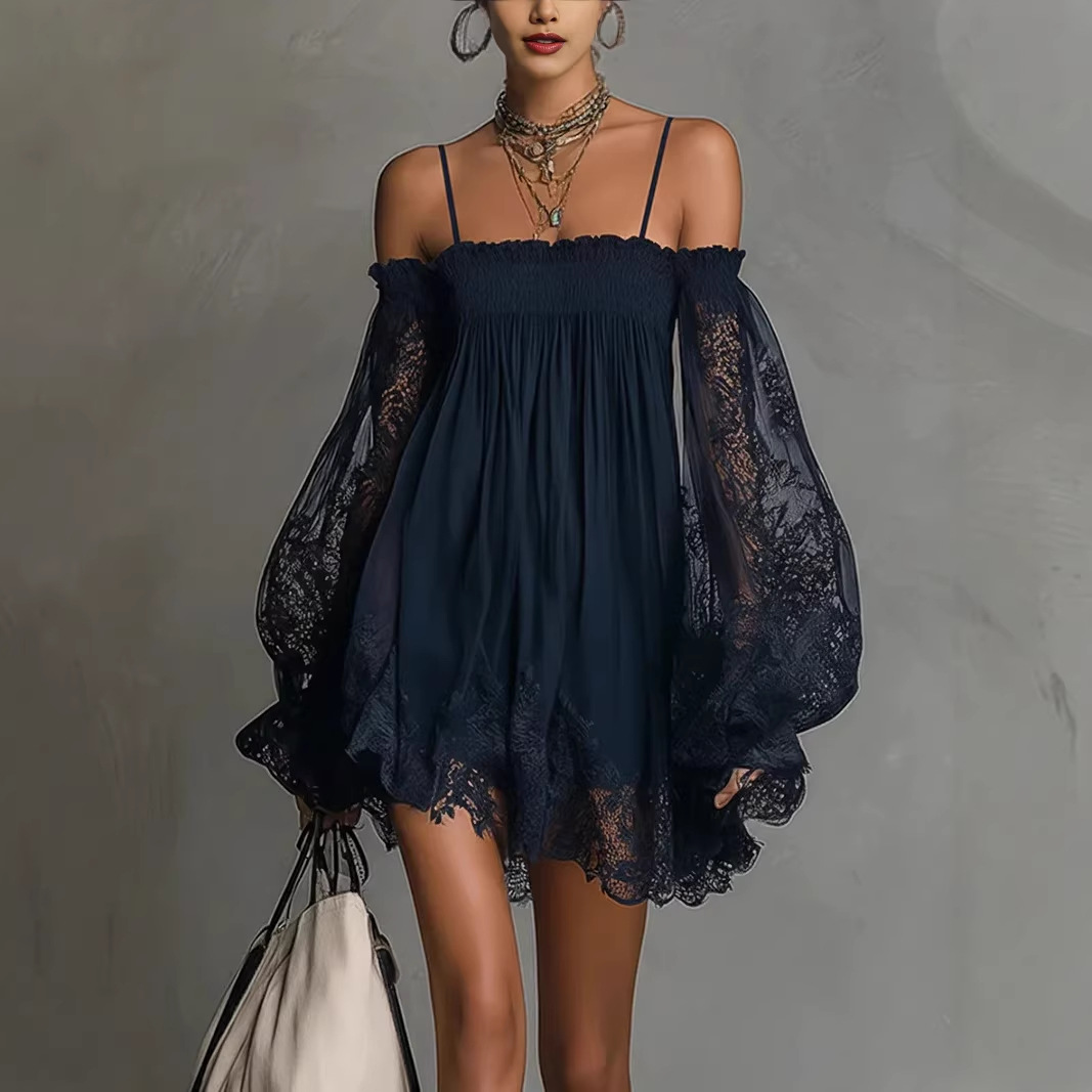 Vestido Mini de Renda com Ombr - Off Shoulder Puff Sleeve Sundress avaliação e preço