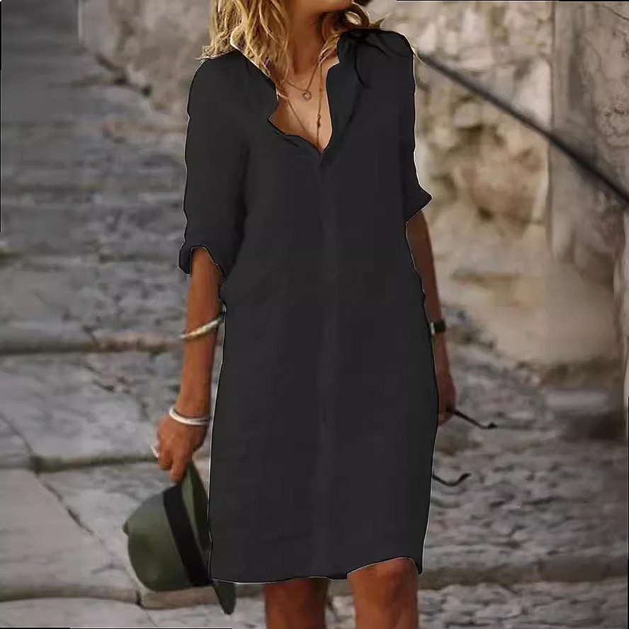 Vestido Camisa Midi Solto com  - Casual Loose Linen Shirt Dress avaliação e preço