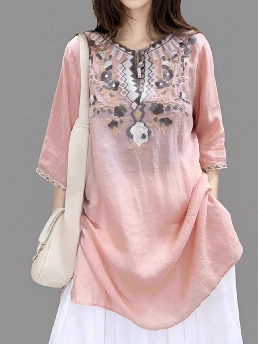 Vestido Camisa de Linho Bordad - Casual Loose Linen Shirt Dress avaliação e preço