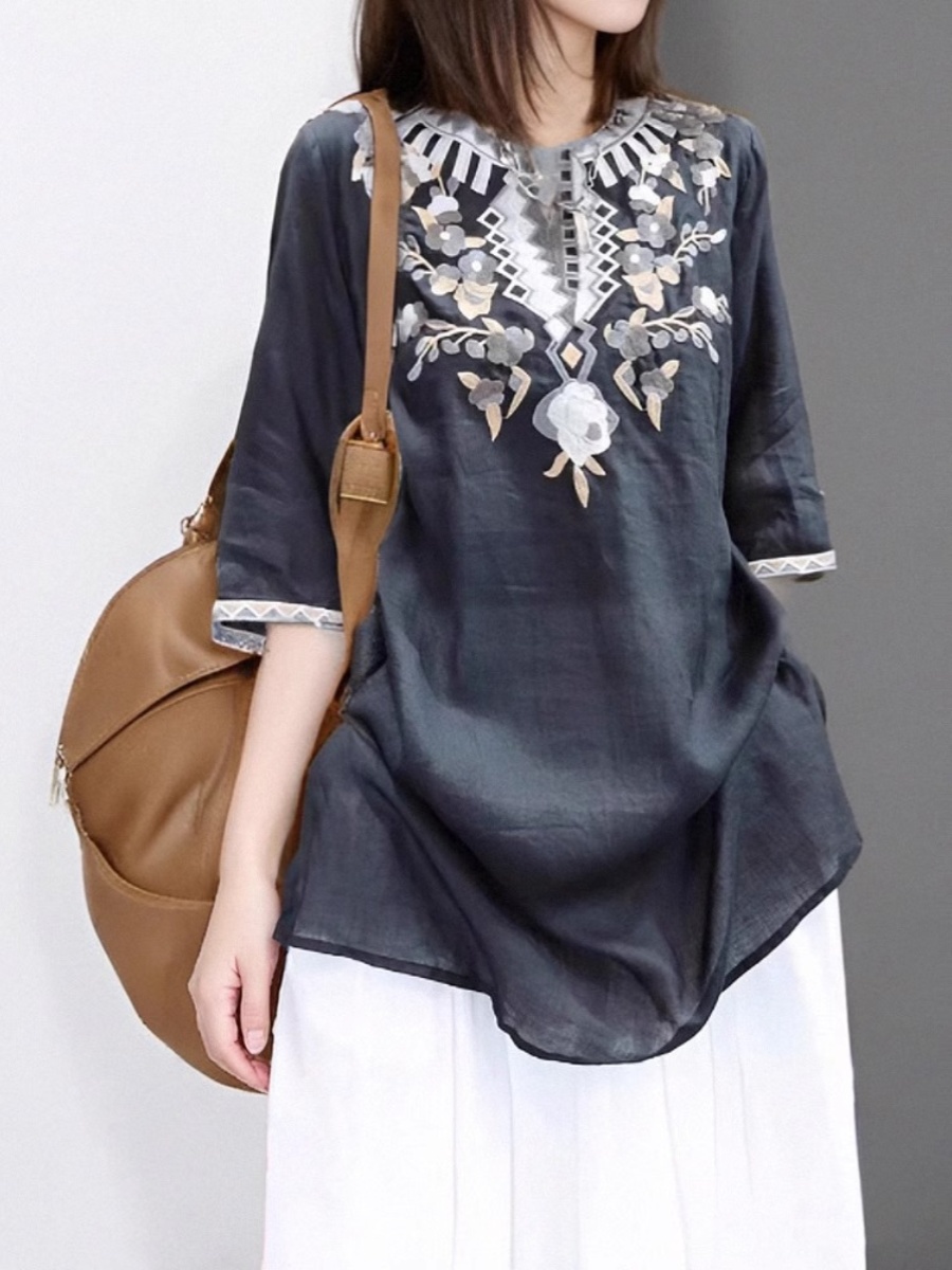 Vestido Camisa de Linho Bordad - Casual Loose Linen Shirt Dress avaliação e preço