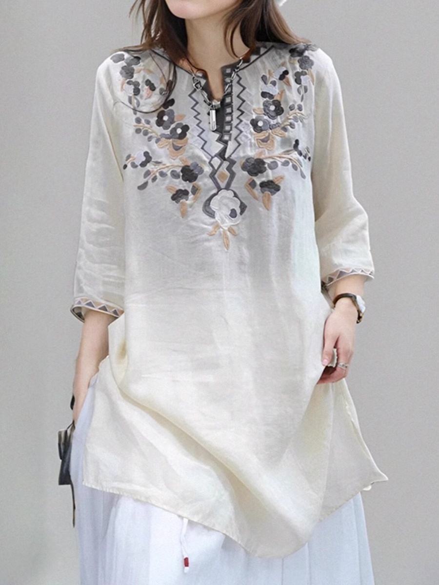 Vestido Camisa de Linho Bordad - Casual Loose Linen Shirt Dress avaliação e preço