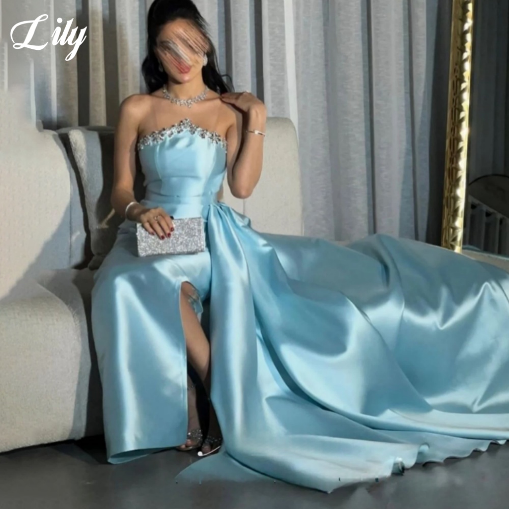 Lily azul elegante vestido for - Elegant Satin Evening Gown Split avaliação e preço
