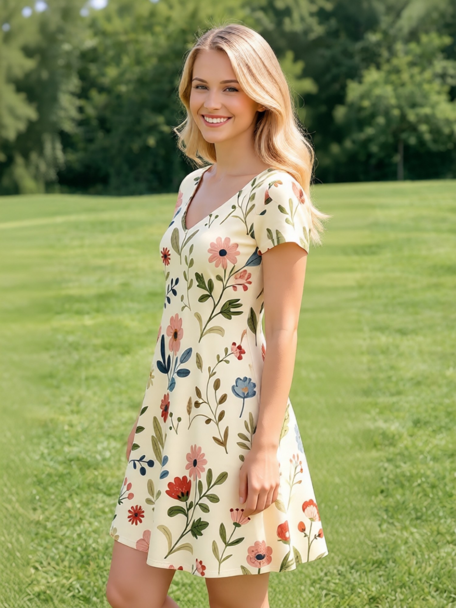 Vestido Floral Casual de Manga - French Vintage Floral Midi Dress avaliação e preço