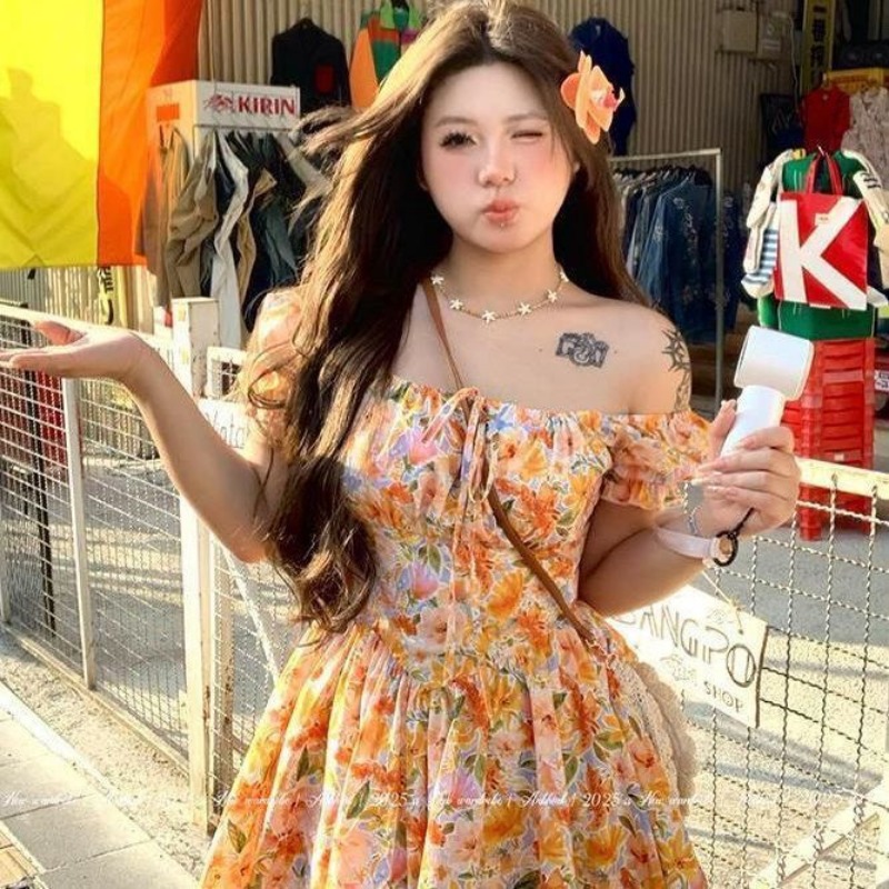 Novo Vestido Mini Laranja Esta - Off Shoulder Puff Sleeve Sundress avaliação e preço