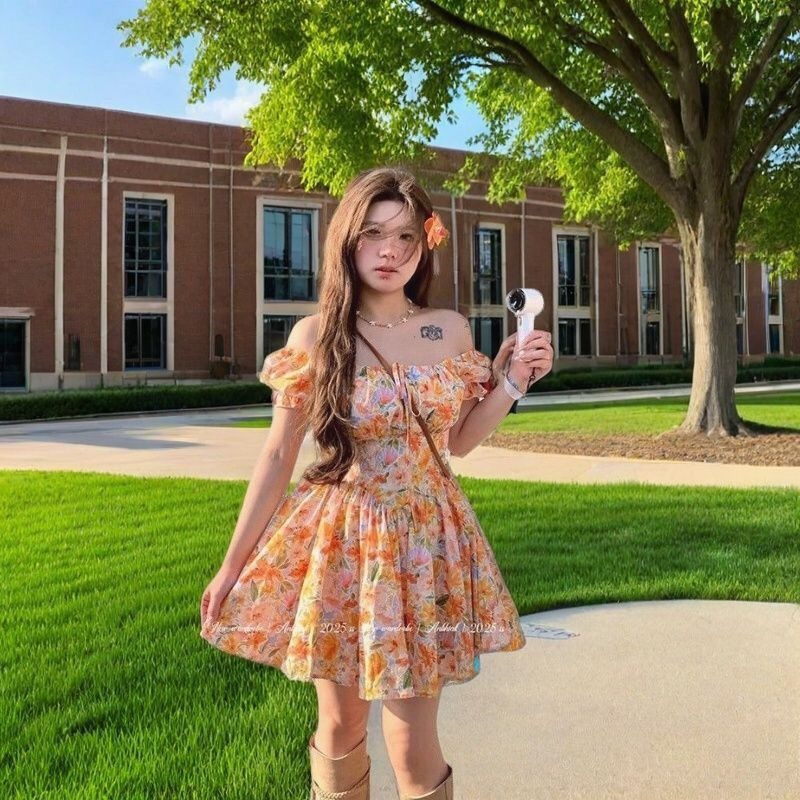 Novo Vestido Mini Laranja Esta - Off Shoulder Puff Sleeve Sundress avaliação e preço