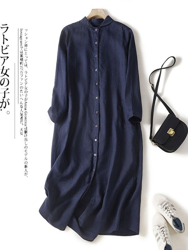 Vestido Casual de Algodão e Li - Casual Loose Linen Shirt Dress avaliação e preço