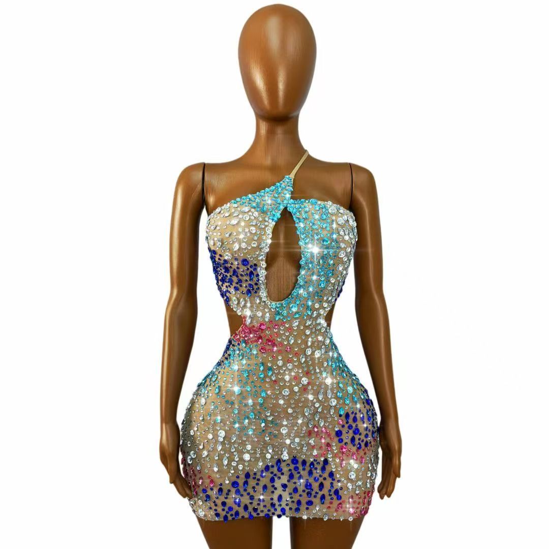 Vestido Mini Bodycon Transpare - Sparkly Rhinestone Club Party Dress avaliação e preço