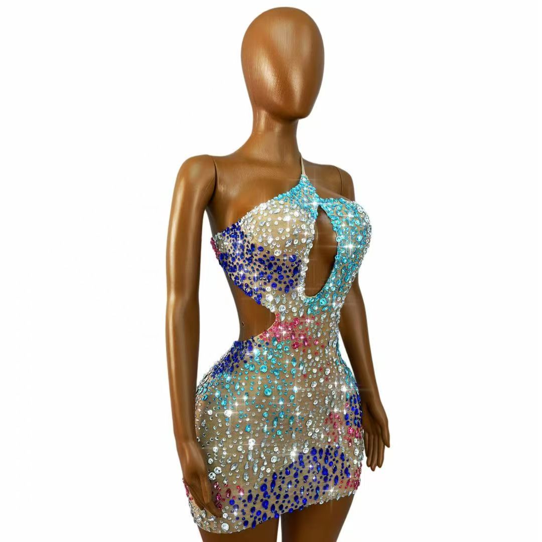 Vestido Mini Bodycon Transpare - Sparkly Rhinestone Club Party Dress avaliação e preço