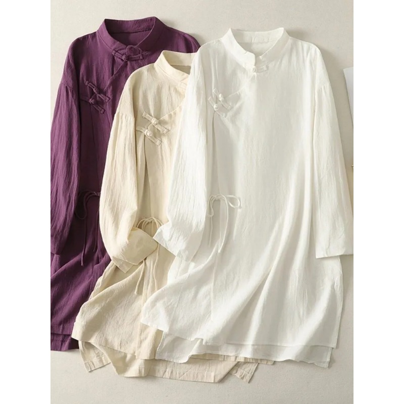 Vestido Túnica Feminino de Lin - Casual Loose Linen Shirt Dress avaliação e preço