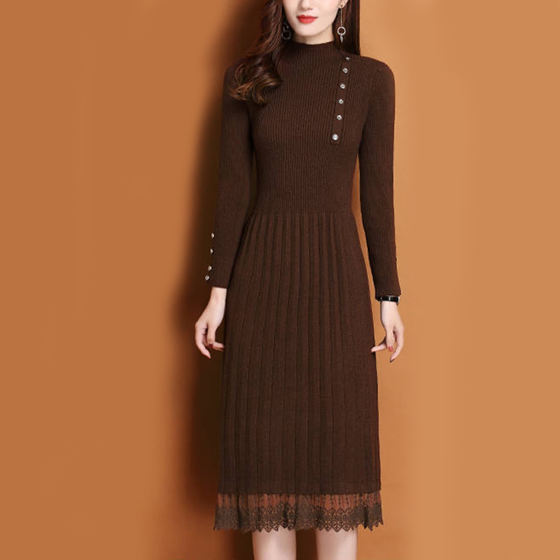 Renda bainha botões feminino o - Bodycon Long Sleeve Ribbed Dress avaliação e preço