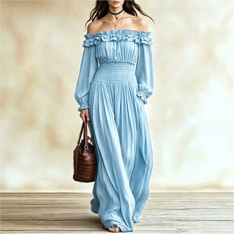 Vestidos Maxi de Moda com Ombr - Off Shoulder Puff Sleeve Sundress avaliação e preço