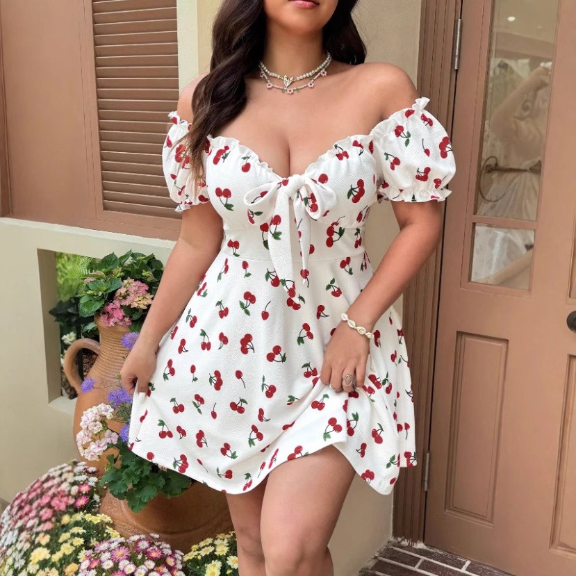 Vestido feminino de verão com  - Off Shoulder Puff Sleeve Sundress avaliação e preço