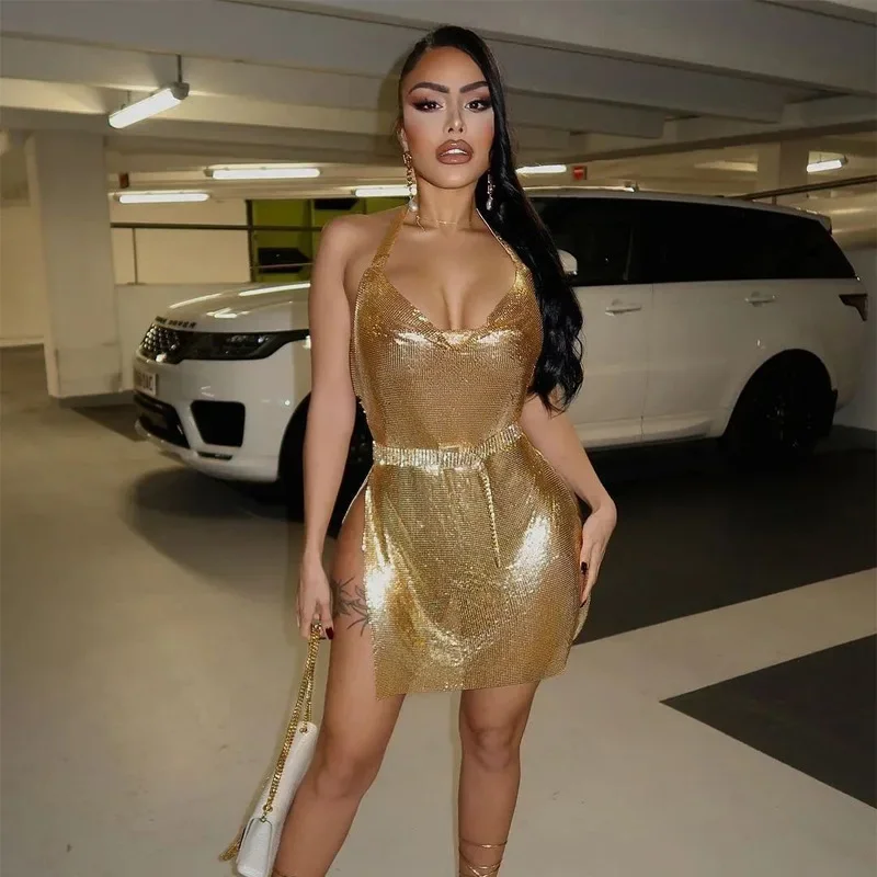 Dourado mini clube vestido de  - Y2K Backless Halter Mini Dress avaliação e preço