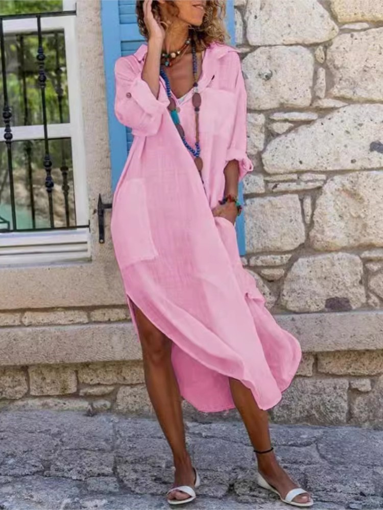Vestido camisa feminina branca - Casual Loose Linen Shirt Dress avaliação e preço