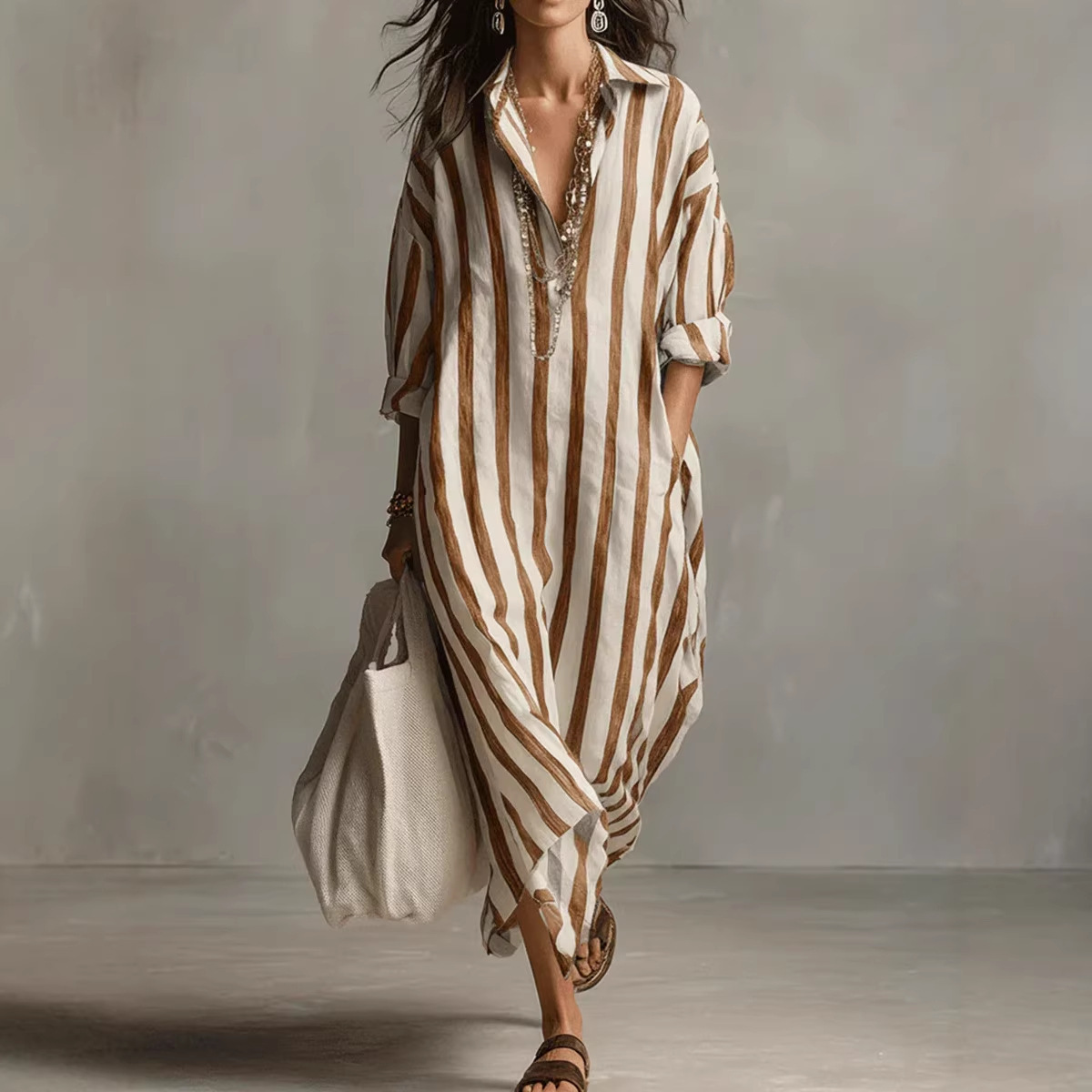 Vestido Longo Feminino Elegant - Casual Loose Linen Shirt Dress avaliação e preço